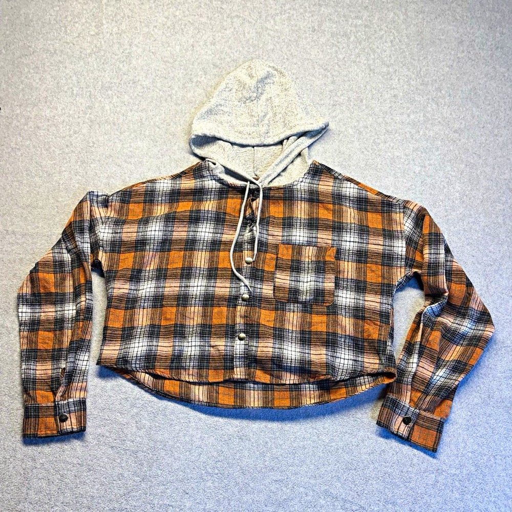 No Comment NY•LA Brown Black Gray Plaid Hooded Cropped Long Sleeve Button Up L